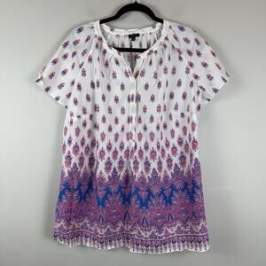 Talbots Top Womens X Multi Floral Short Sleeve Popover Tunic Artsy Colorful Boho